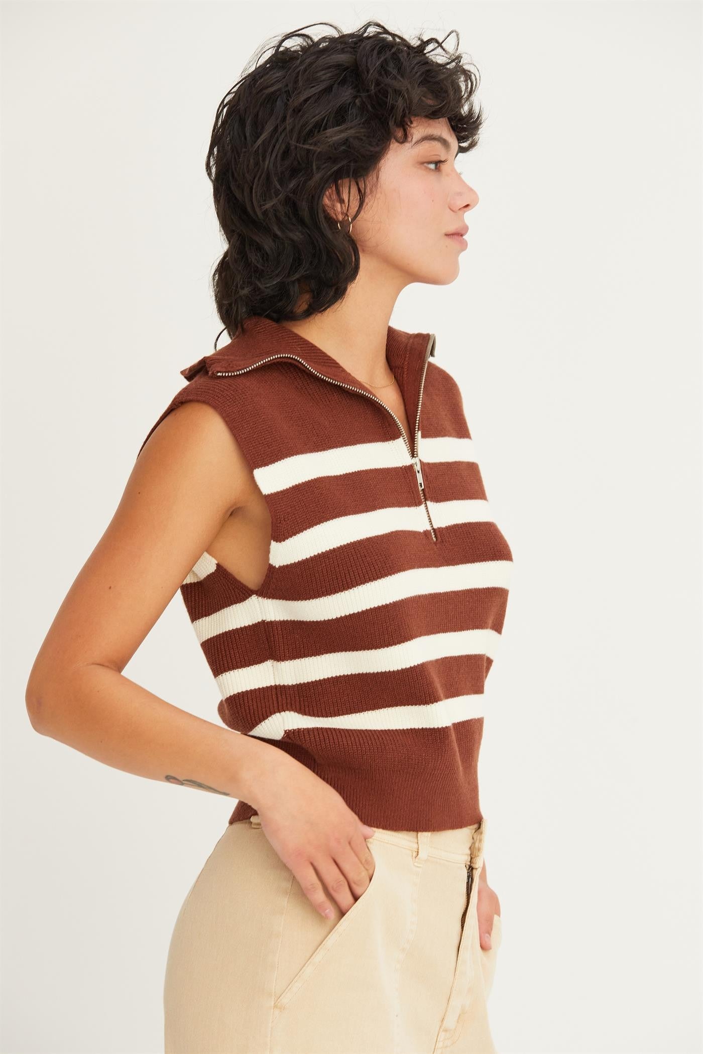 Striped Half Zip Sleeveless Sweater