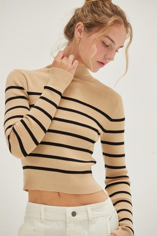 STRIPED CROPPED MOCK NECK SWEATER