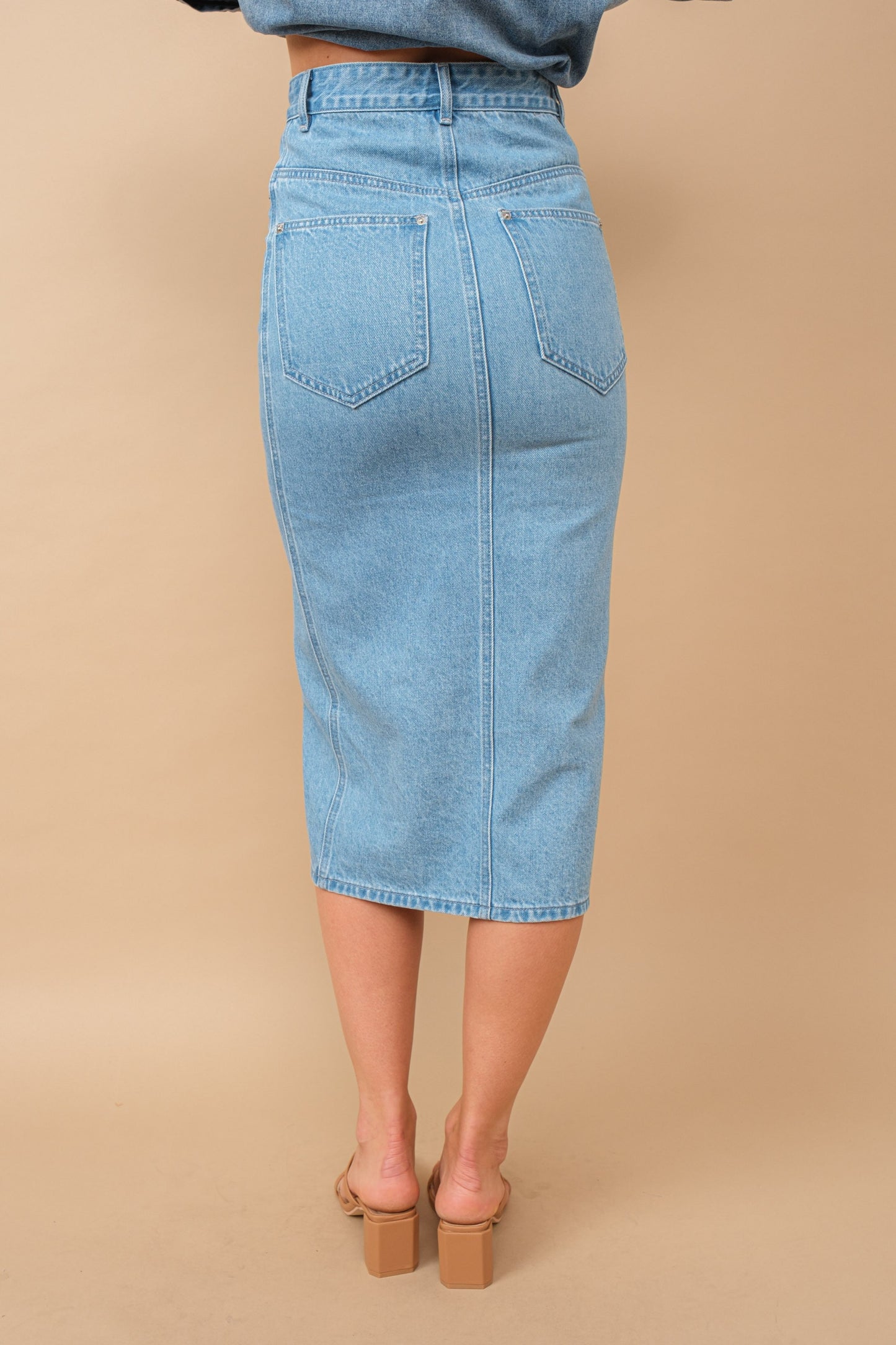 Midi denim pencil skirt