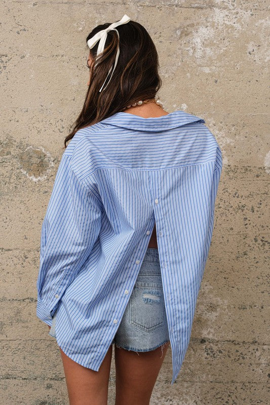 Striped button down shirt with back button detail