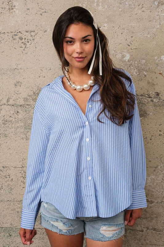 Striped button down shirt with back button detail